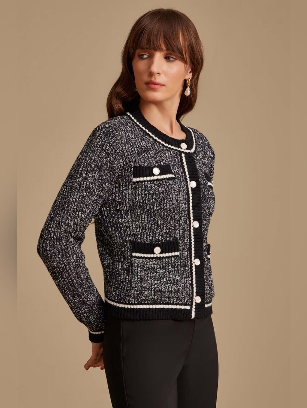 Urban Revivo Black & White Tweed-Style Pearl Button Cardigan